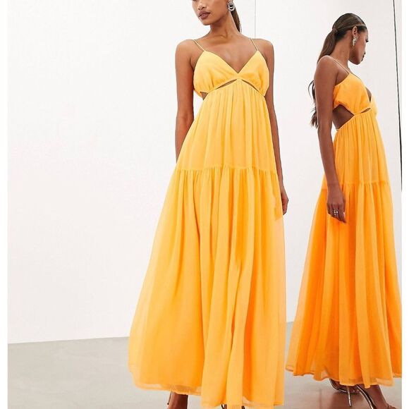 ASOS‎ EDITION ruched gathered waist chiffon cami maxi dress in clementine 6 nwt - Picture 1 of 7